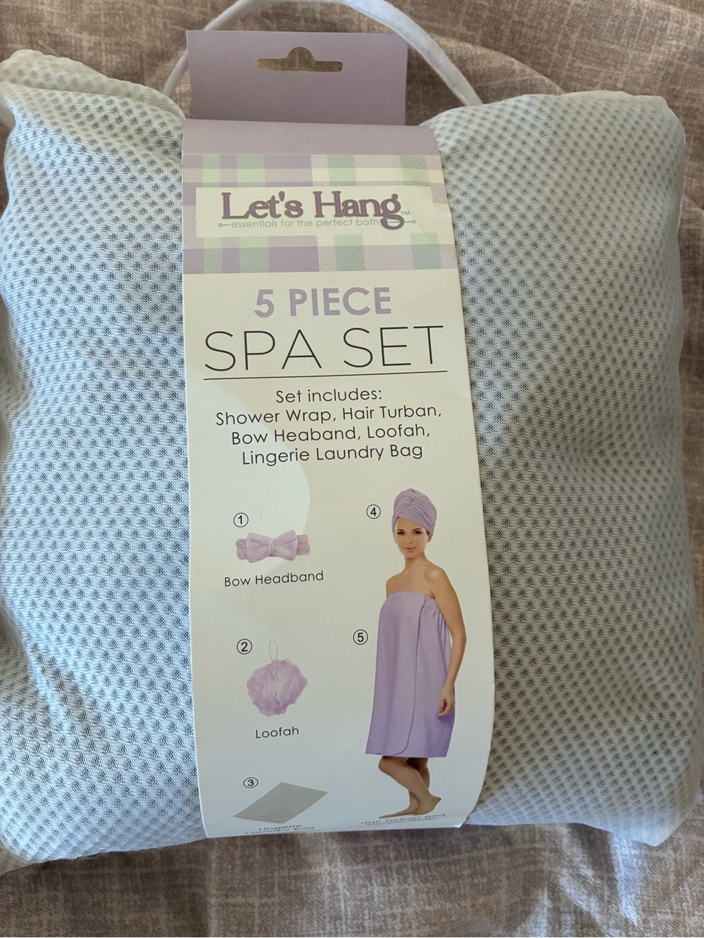Let’s Hang 5 Piece Spa Bath Set Shower Wrap Hair Turban Headband Loofah
